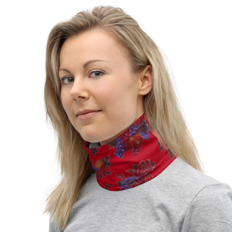 Fruit and Roses Red OilCloth Print Neck Gaiter
