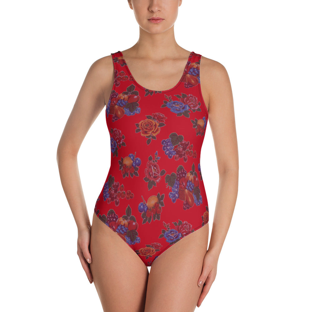 Fruit and Roses Red OilCloth Print One-Piece Swimsuit