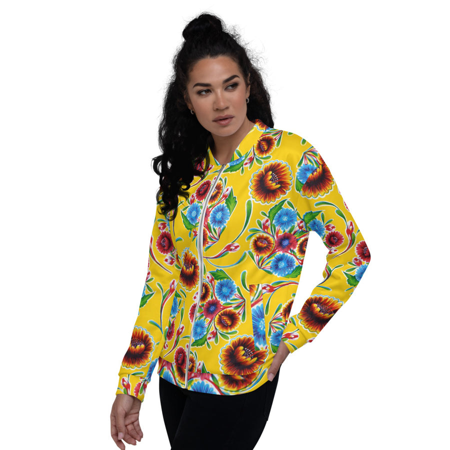 Yellow Bloom w/Serape Stripe Oilcloth Print Bomber Jacket