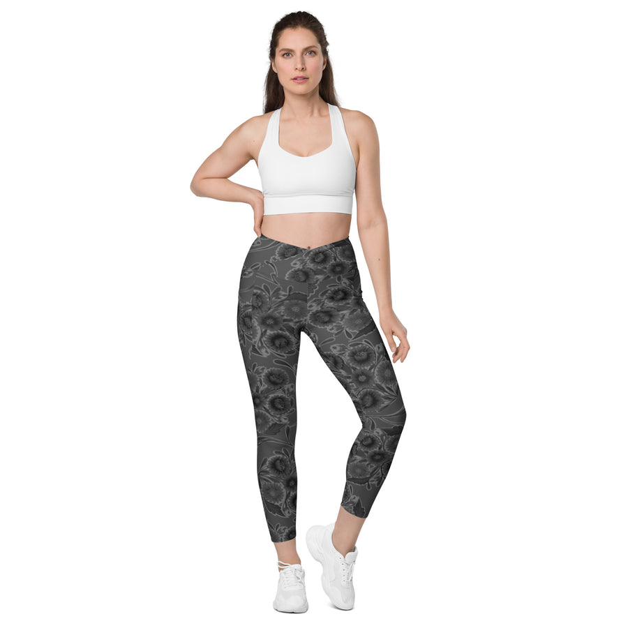 Crossover Bloom Black Tone Leggings with Pockets