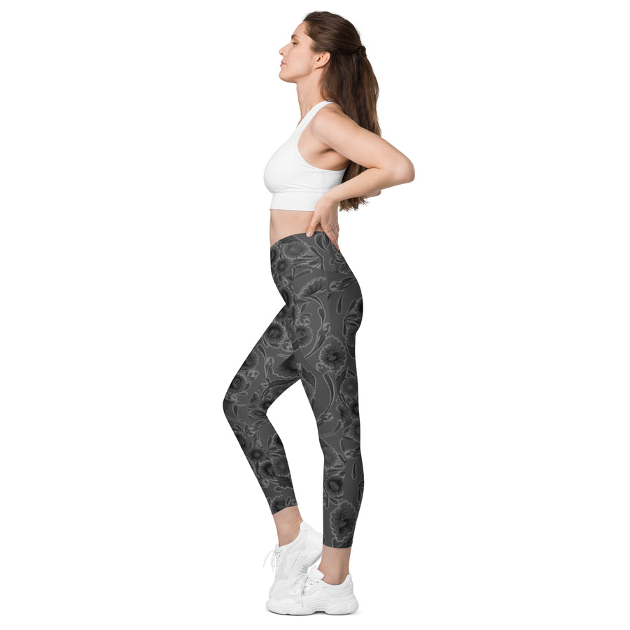 Crossover Bloom Black Tone Leggings with Pockets