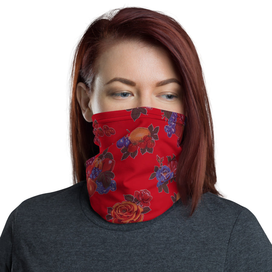 Fruit and Roses Red OilCloth Print Neck Gaiter
