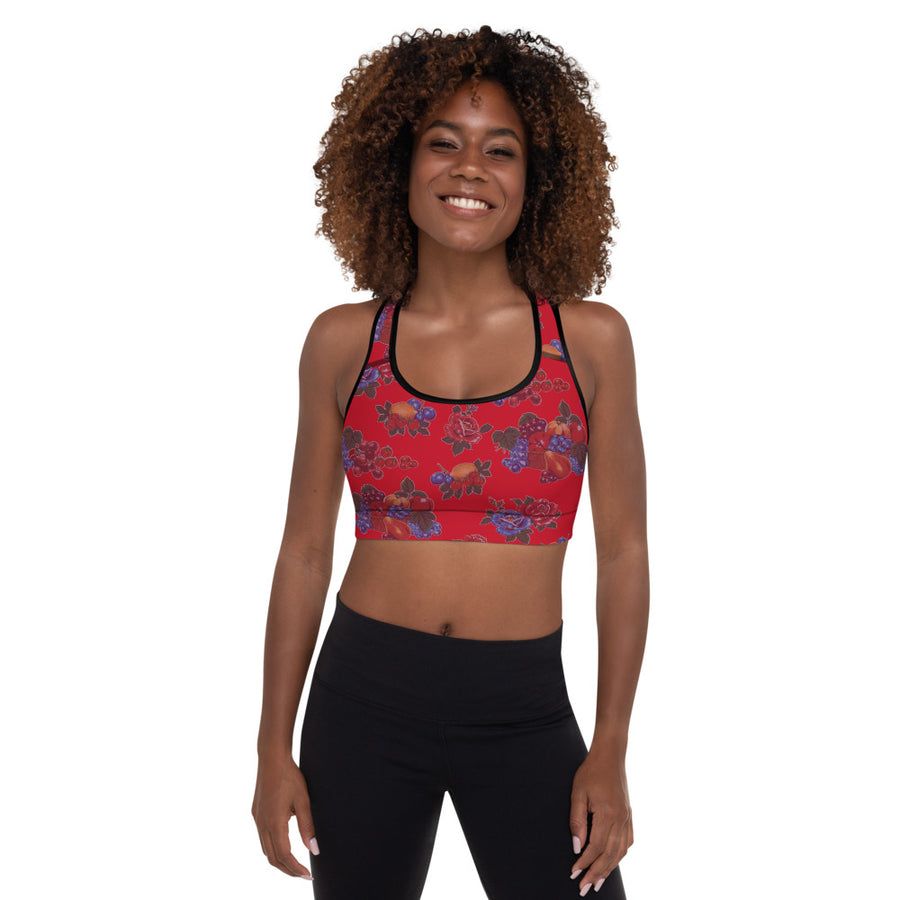 Fruit and Roses Red OilCloth Print Padded Sports Bra