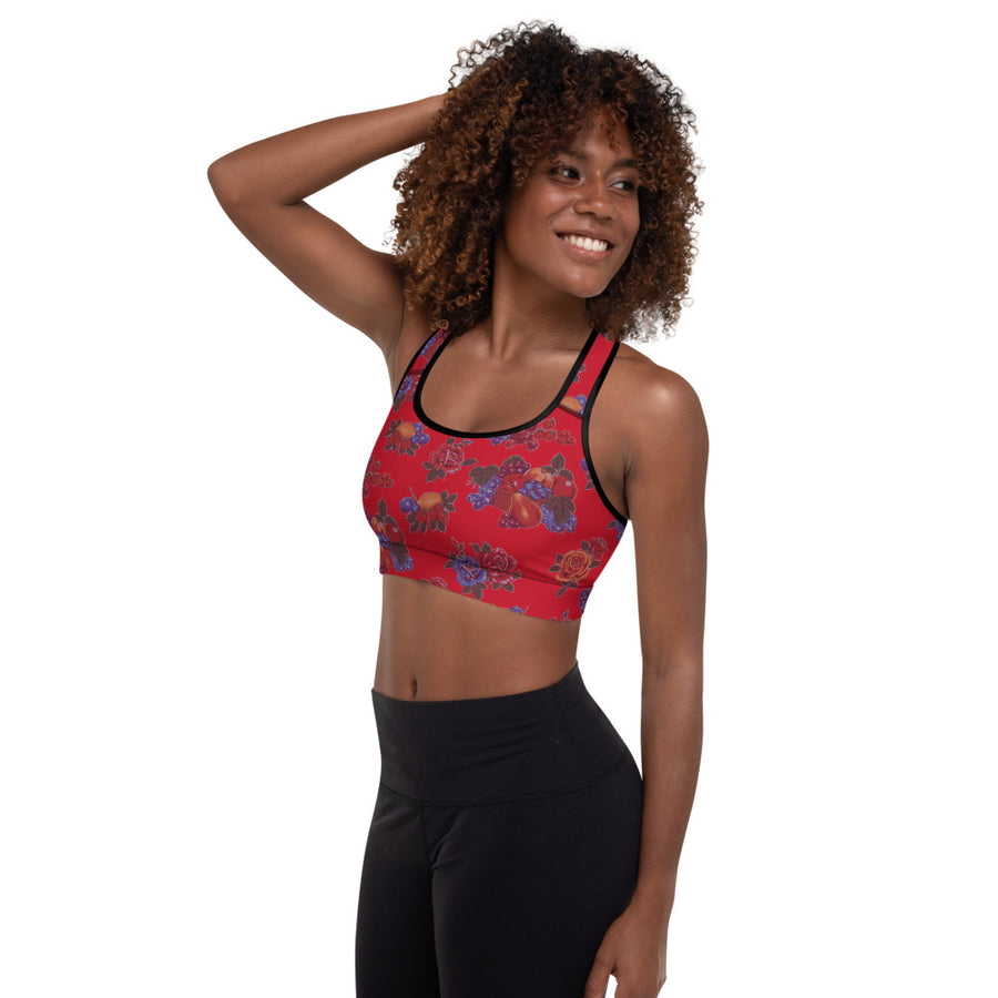 Fruit and Roses Red OilCloth Print Padded Sports Bra