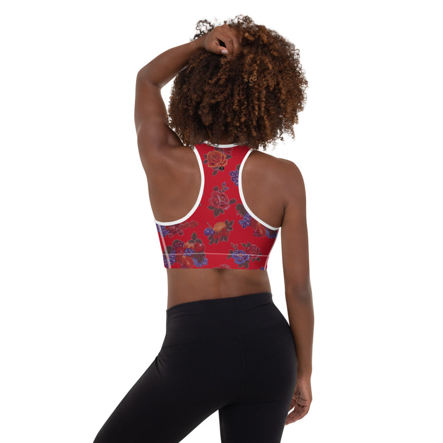 Fruit and Roses Red OilCloth Print Padded Sports Bra