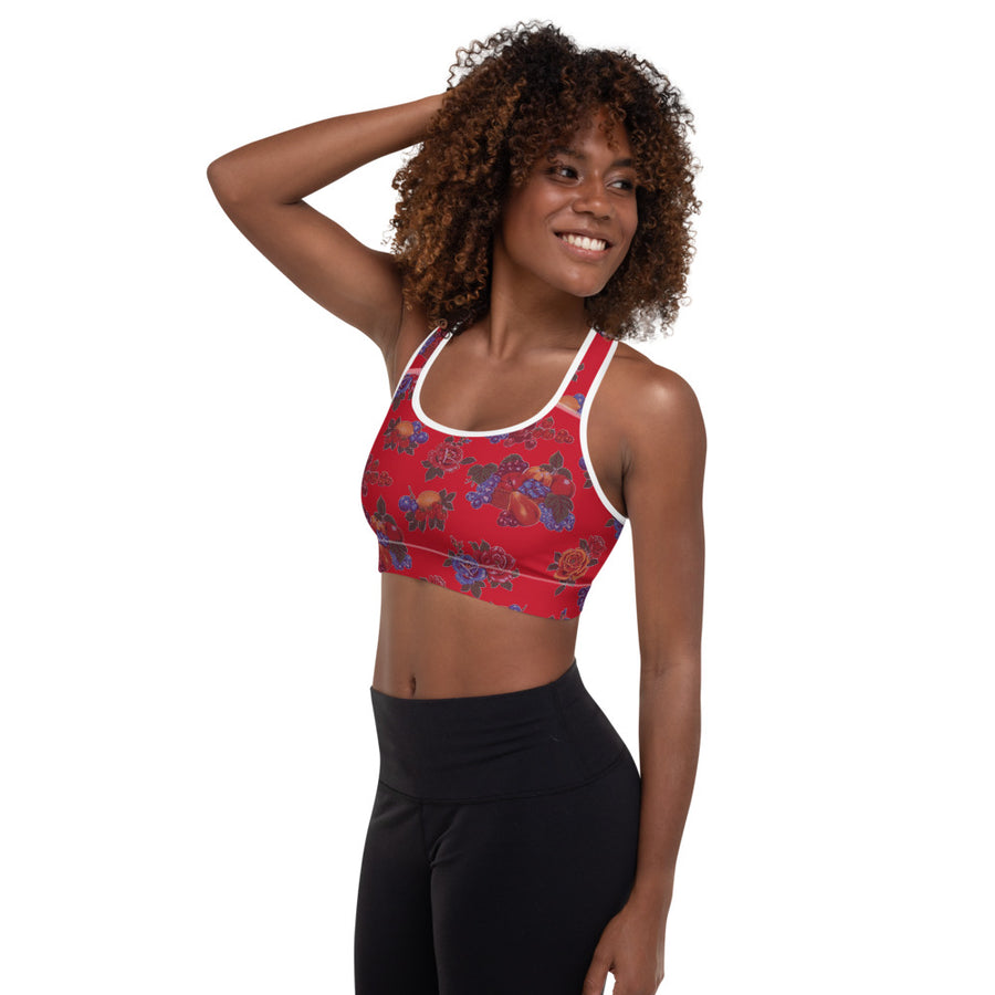 Fruit and Roses Red OilCloth Print Padded Sports Bra