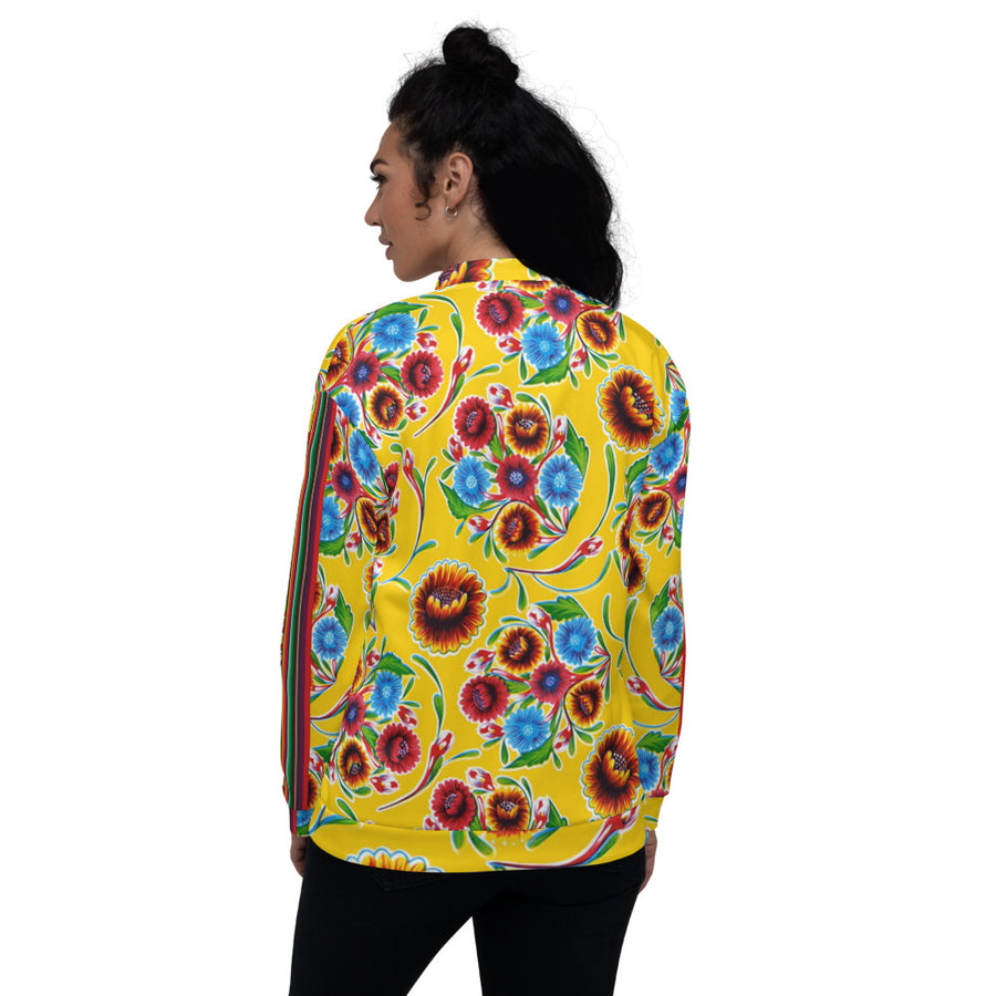 Yellow Bloom w/Serape Stripe Oilcloth Print Bomber Jacket