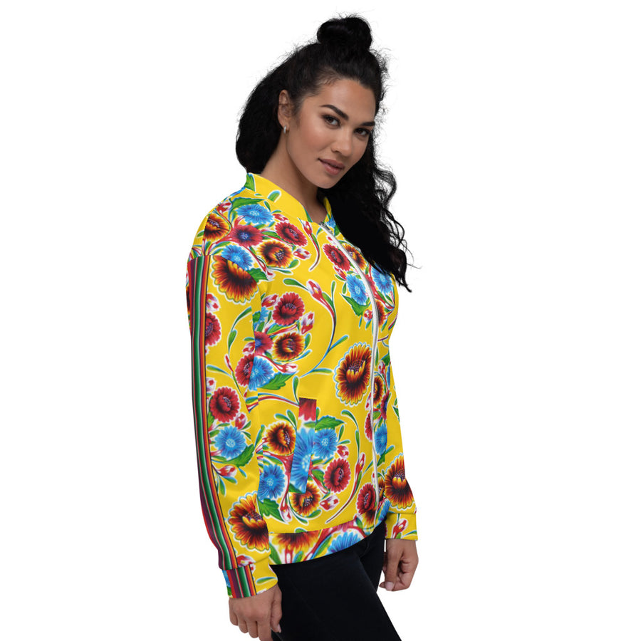 Yellow Bloom w/Serape Stripe Oilcloth Print Bomber Jacket