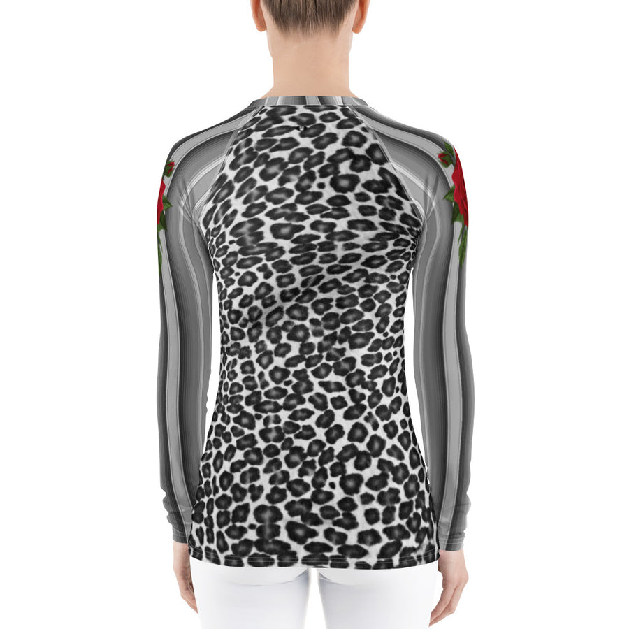 Leopard Print Serape Rose Black Women's Long Sleeve Top