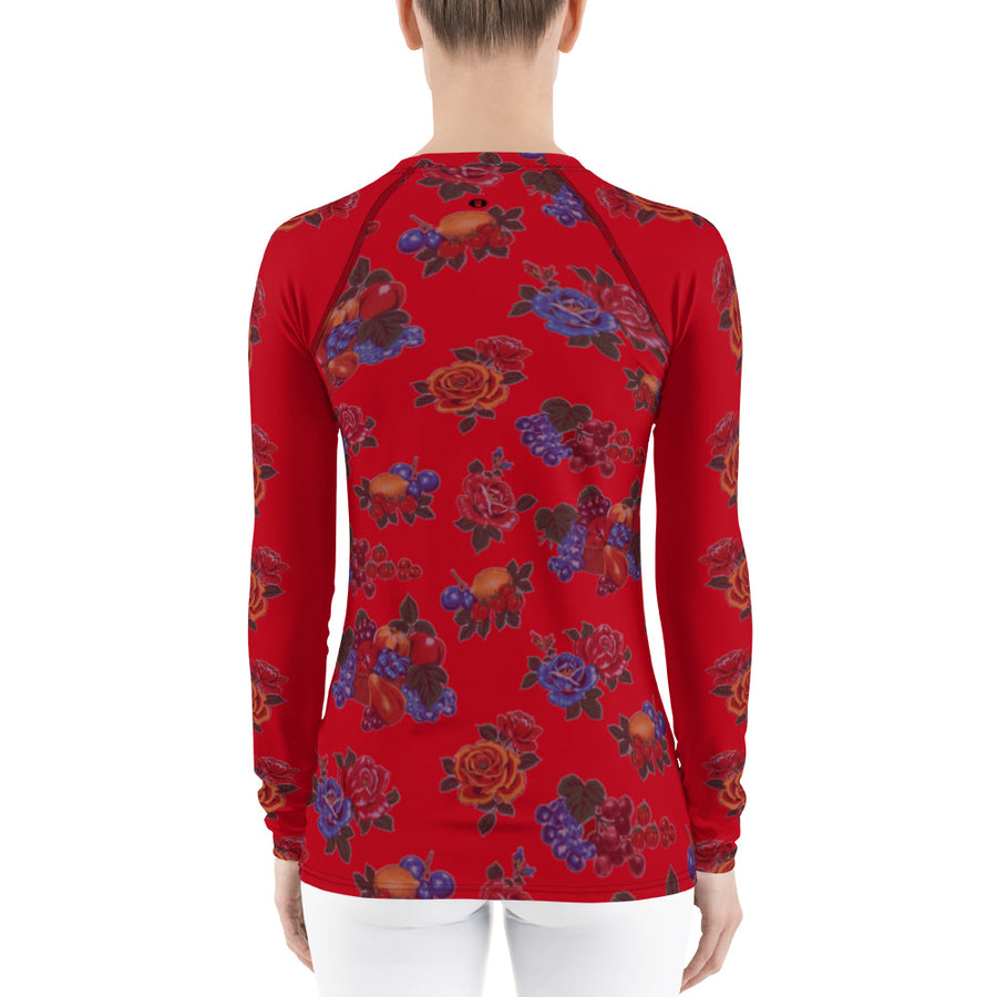 Fruit and Roses Red OilCloth Print Women's Long Sleeve Top