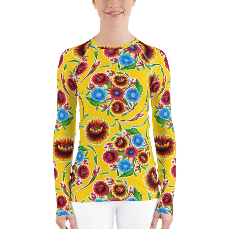 Yellow Bloom w/Serape Stripe Oilcloth Print Women's Long Sleeve Top