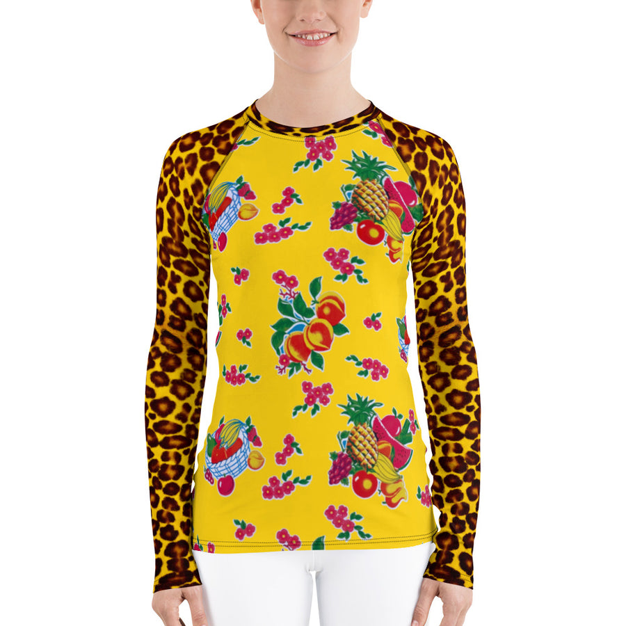 Yellow Fruit Basket & Leopard Women's Long Sleeve Top