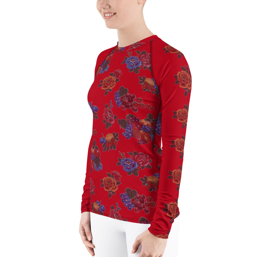Fruit and Roses Red OilCloth Print Women's Long Sleeve Top