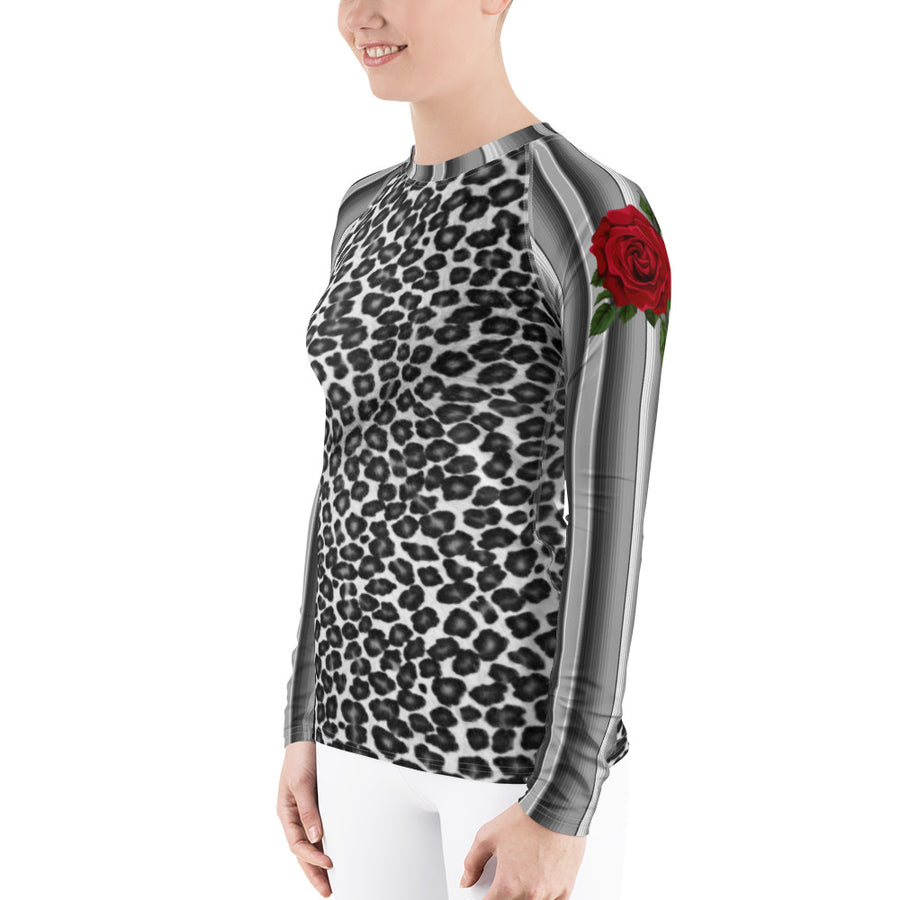 Leopard Print Serape Rose Black Women's Long Sleeve Top