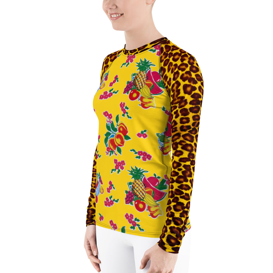 Yellow Fruit Basket & Leopard Women's Long Sleeve Top