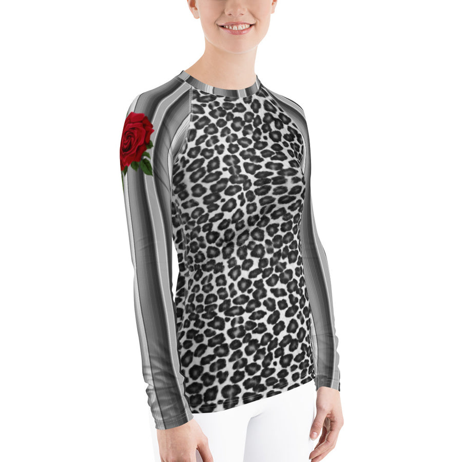 Leopard Print Serape Rose Black Women's Long Sleeve Top