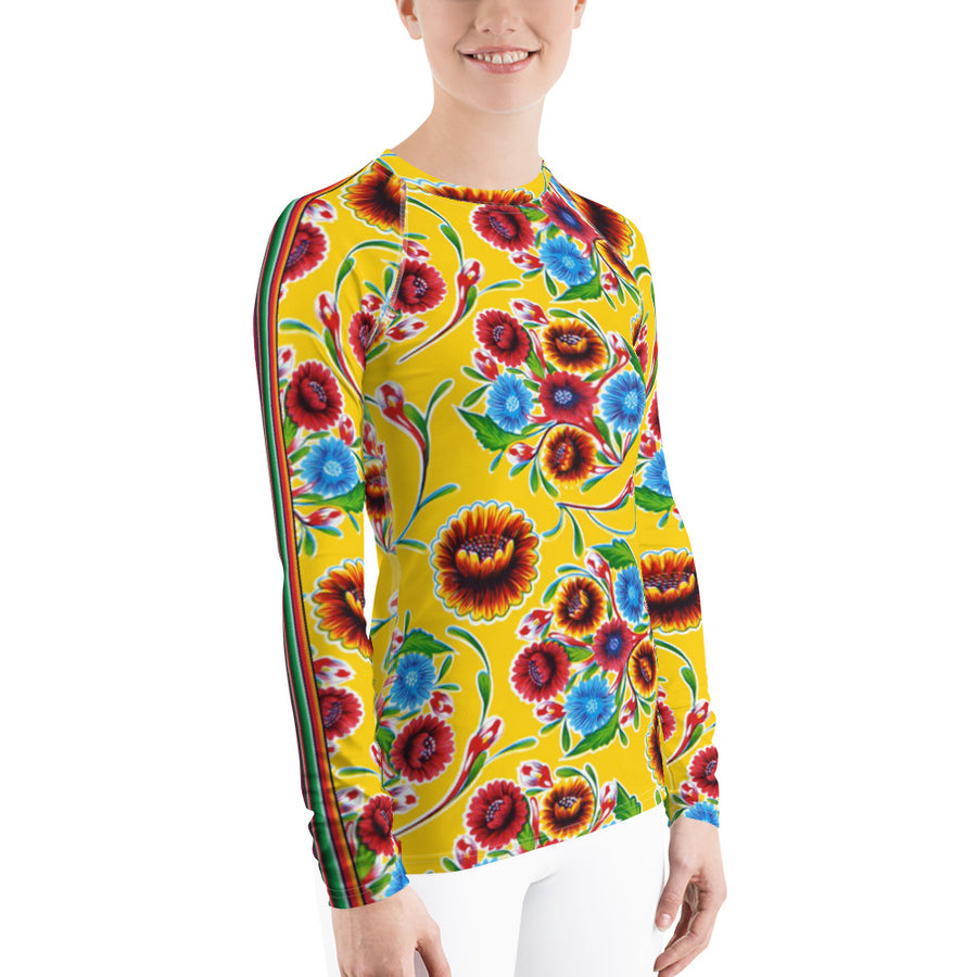 Yellow Bloom w/Serape Stripe Oilcloth Print Women's Long Sleeve Top