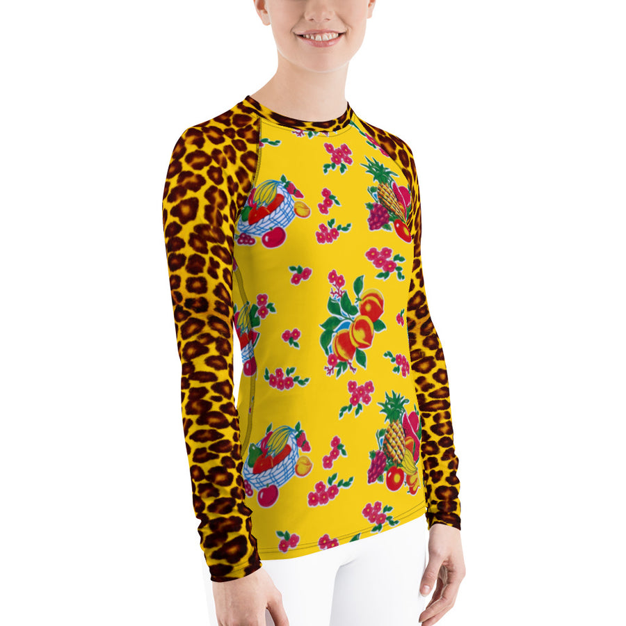 Yellow Fruit Basket & Leopard Women's Long Sleeve Top